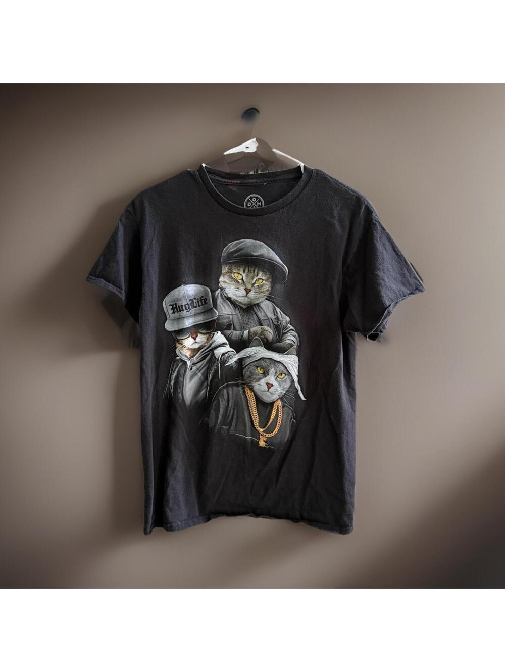 Funny Gangster Cat Graphic T Shirt Mens Medium Black Hip Hop Meme Tee